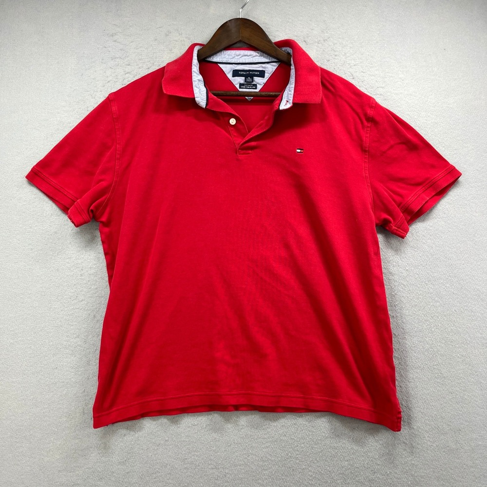 Tommy Hilfiger Polo Shirt Mens XL Red Cotton Custom Fit Preppy Classic Golf